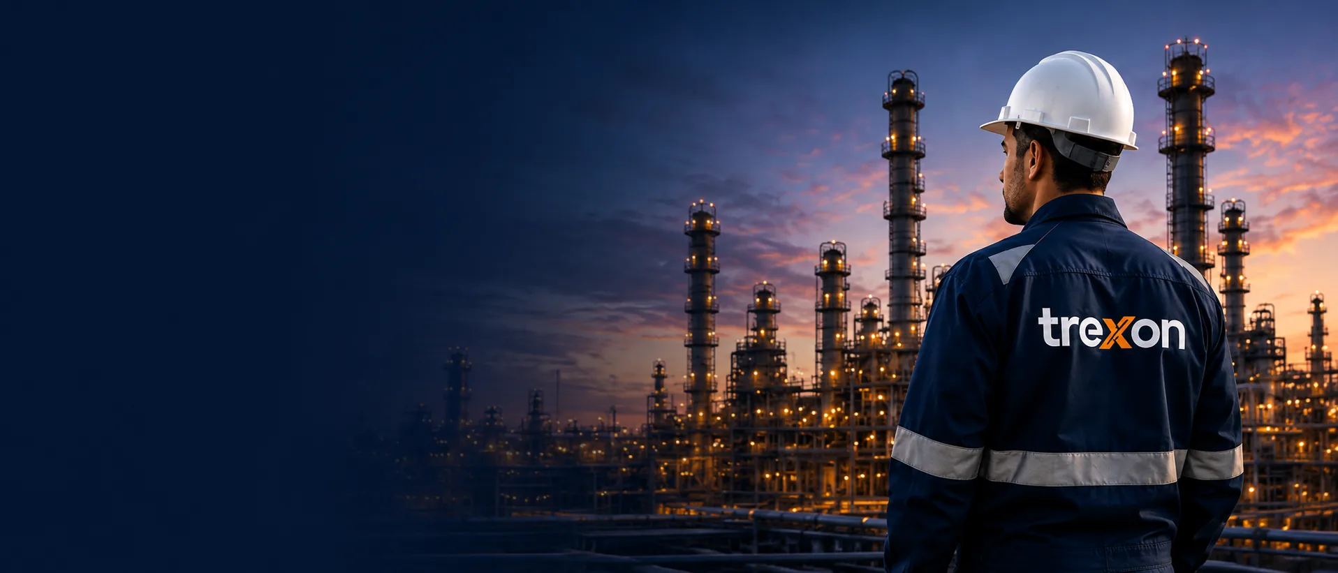 Engineer overlooking refinery at dusk