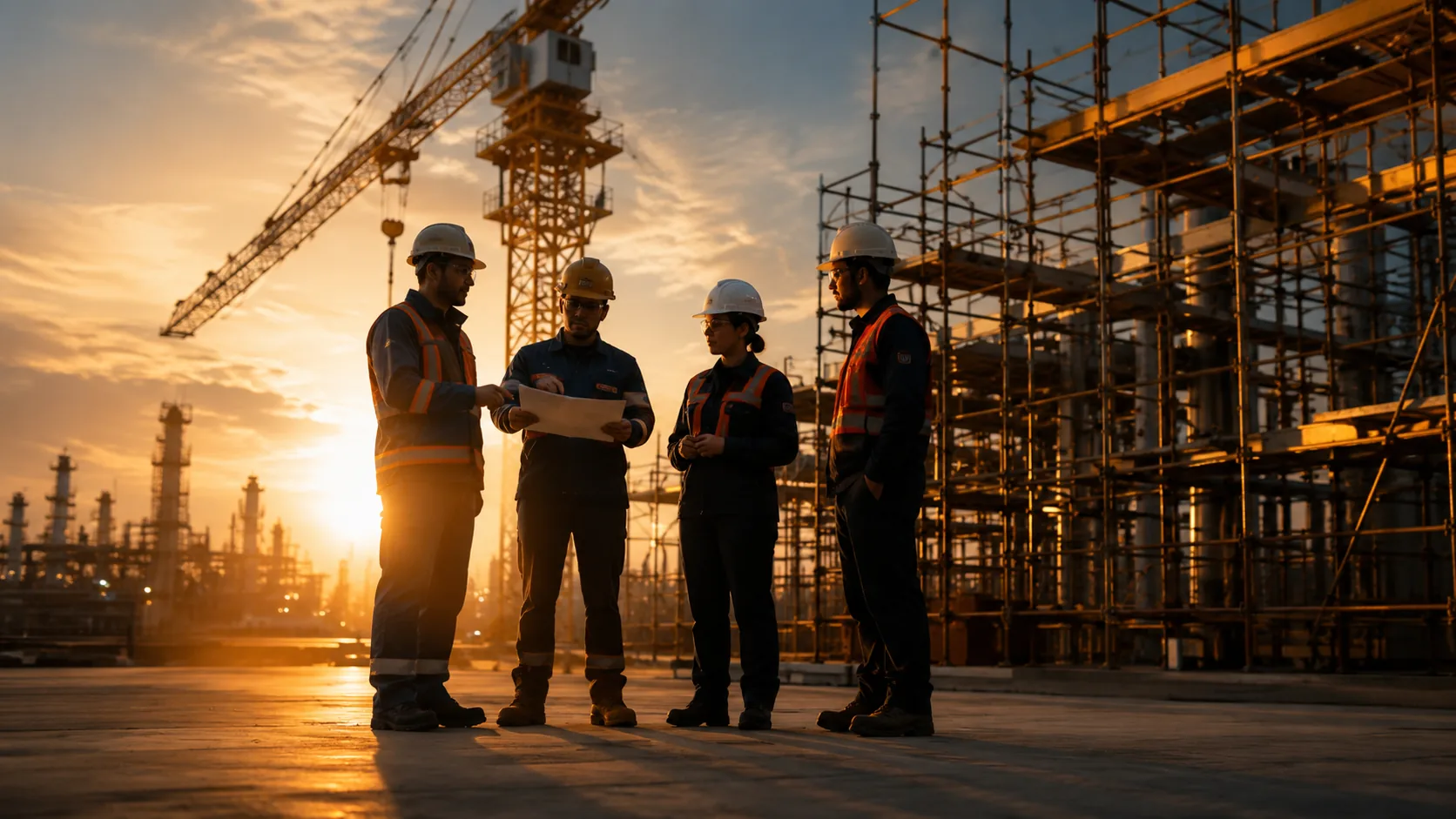 Site crew reviewing plans at sunset